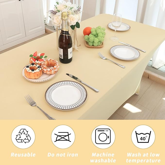 Fixwal 3 Pack Champagne Tablecloth Rectangle 6Ft, Stretch Spandex Fitted Table Cover for Party, Trade Show, Wedding, Buffet, Graduation, Vendor Stand