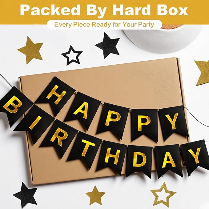 Happy Birthday Party Decoration Set: Including Birthday Banner Backdrop, Party Table Centerpieces and Hanging Swirl Party Streamers, Birthday Decor Suppliers for Men and Women (Black and Gold, Birthday Party)