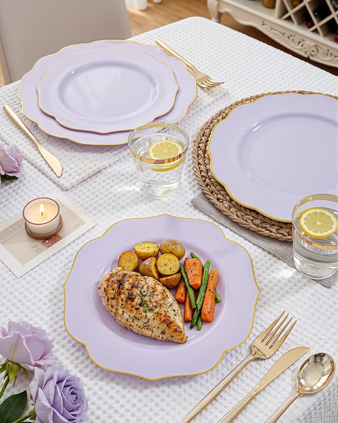 bUCLA 180PCS Purple Plastic Plates - Disposable Purple with Gold Rim, Include 30 Each (Dinner & Salad) Plates, 30 Knives, 30 Forks, 30 Spoons, 30Cups for Party, Shower & Birthday