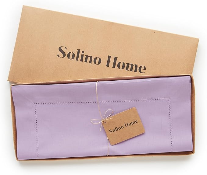 Solino Home Cotton Linen Table Runner 120 Inches Long - Hemstitch Lavender Ice Dining Table Runner 14 x 120 Inch for Mothers Day, Spring, Summer