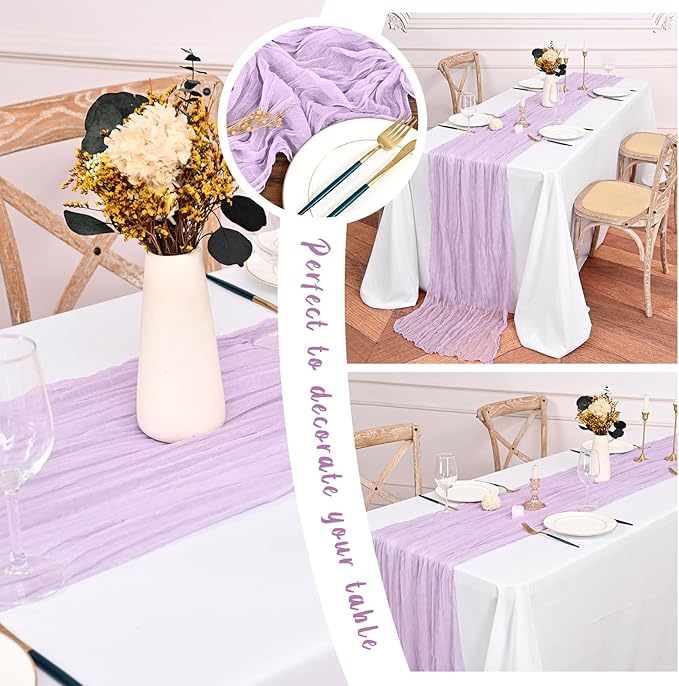 24 Pack Lavender Cheesecloth Table Runner,10FT Boho Gauze Tablerunner,35x120inch Rustic Table Runners for Wedding Party Bridal Shower Thanksgiving Christmas Boho Table Decoration