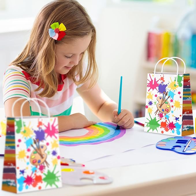 Pajean 36 Pieces Paint Splatter Party Bags with Handle Art Painting Candy Treat Goodie Gift Tote Bags Party Goodies Pouches for Birthday Baby Shower Decorations Gift Wrapping Supplies (Bright Style)