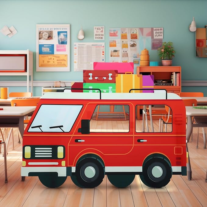 Amyhill 4.7 Feet on the Road VBS Red Van Cardboard Cutout Stand up Life Size Sunday School Backdrop Decor Christian Road Trip Party Decoration Photo Props Standup for Religious Church VBS Party Decor