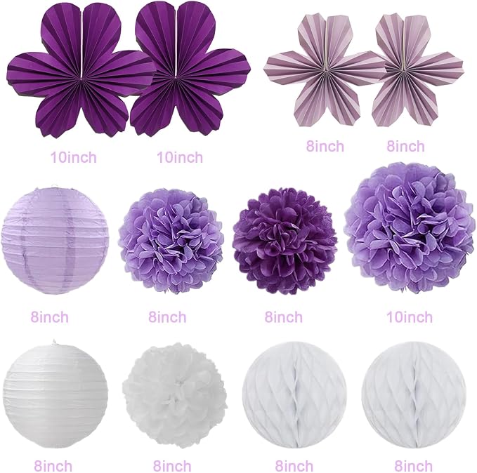 Birthday Party Decorations Kit Purple Violet & White, Happy Birthday Banner Garland Paper Pompoms, Flower Fans, Honeycom Ball , Lantern, Hanging Swirls, 20pcs