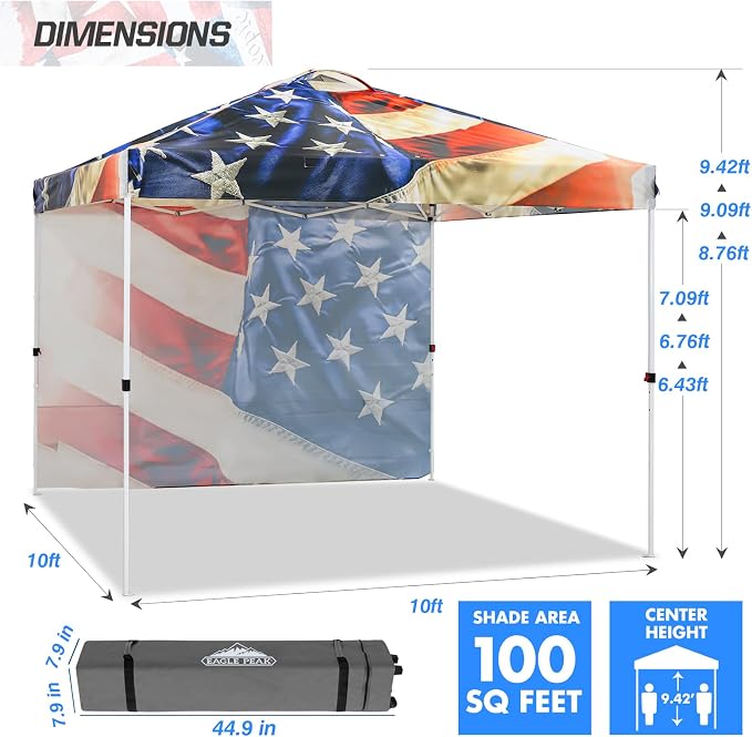 EAGLE PEAK Commercial Canopy 10x10 Pop Up Canopy Tent with 1 Sidewall, Easy Setup Heavy Duty Instant Event Shelter for Vendors & Markets, Outdoor Sun Shade, Stars and Stripes