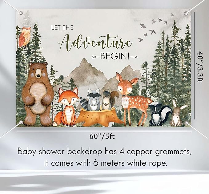 140PCS Woodland Adventure Baby Shower Decorations, Let The Adventure Begin Mountain Baby Shower Supplies, Sage Green Balloon Garland Kit, BABY Boxes, Backdrop Banner