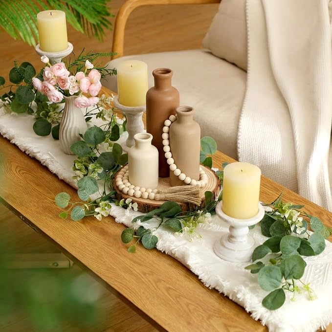 Geelin 6 Pcs Rustic Table Centerpieces, Set of 3 Boho Ceramic Vases, Wooden Serving Tray, Modern Farmhouse Wood Beads Garland Tassel, Artificial Greenery for Home Coffee Tabletop Decor(Neutral)