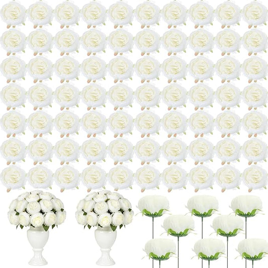 Suncalla 100 Pcs Artificial Peony Flower Bulk Silk Peony Flowers Heads with Stems Realistic Fake Roses for DIY Wedding Craft Bridal Bouquets Table Centerpieces Vase Home Decor (White,3.5 Inch)