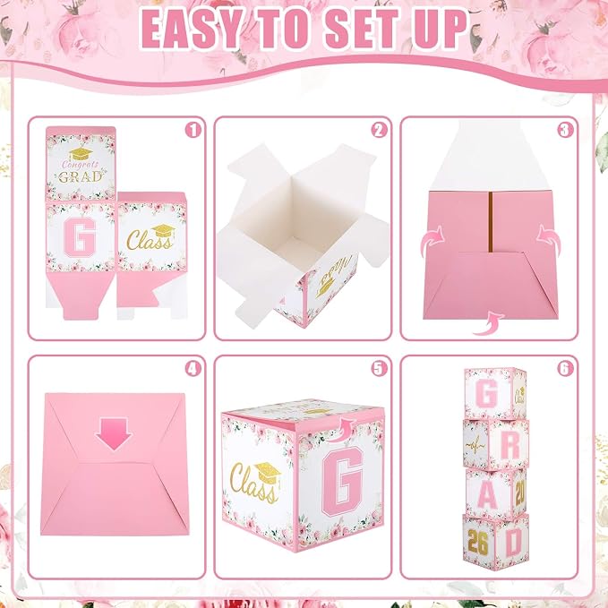 Qunclay 4 Pcs Pink Gold Floral Graduation Party Decorations Class of 2026 Floral Graduation Boxes Stackable Wildflower Congrats Grad Box for Pink Grad Theme Photo Prop Party Supplies