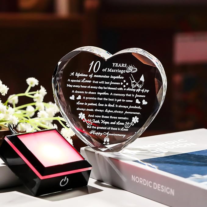 10th Wedding Anniversary Crystal Gifts for Couples with Colorful LED Base, 10th Anniversary Keepsake Gifts for Her Him, Romantic 10 Years of Marriage Heart Gift for Wife Husband