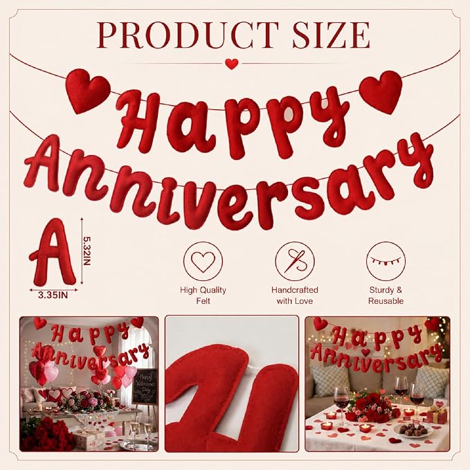 Mindsoft 2 Pcs Pre-Strung 3D Felt Red Happy Anniversary and Heart Garland Banner Reusable Romantic Decorations Happy Anniversary Sign for Wedding Party Decorations Photo Props