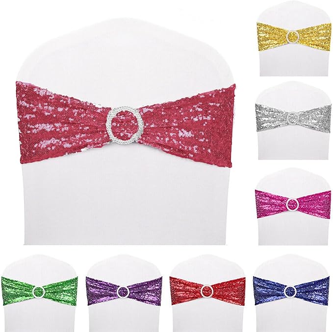 Dimatic 10 PCS Stretch Sequin Chair Sashes Chair Stretchy Spandex Bands for Wedding Reception Events Banquets Chairs Decoration (Magenta)