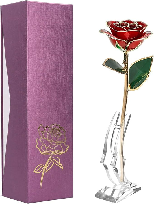 Red Rose Dipped Gold, Golden Plated Eternal Rose Flower with Crystal Stand for Her, Gift for Wife Mom Girlfriend Daughter
