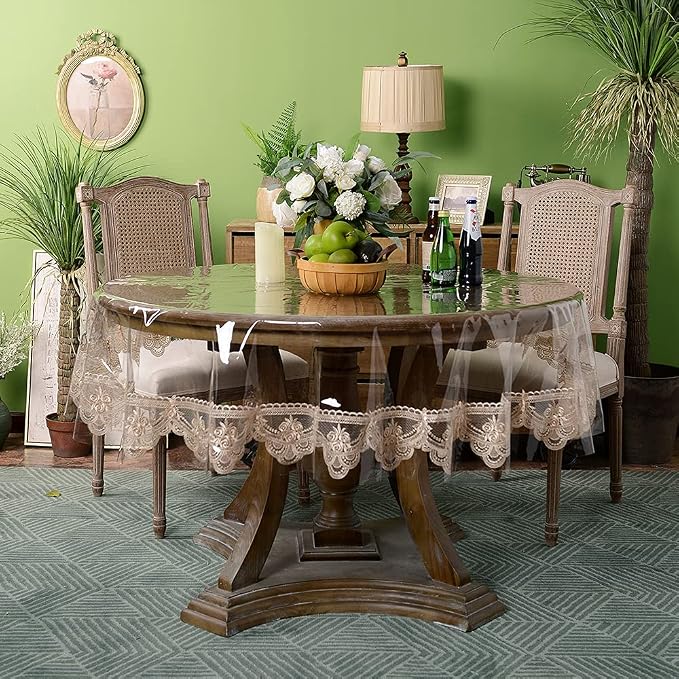 ARTABLE Vinyl PVC Rectangle Tablecloth Waterproof Clear Table Cover with Champagne Lace Macrame Border for Wedding Kitchen Home Outdoor Indoor Holidays Party Decor (Champagne, 70'' (Round))