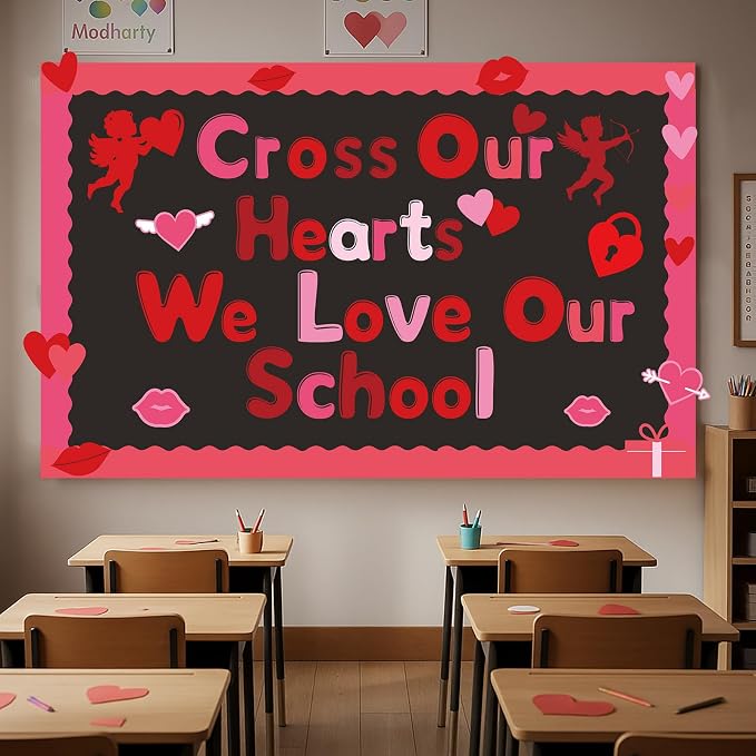 Kosiz Heart Bulletin Board Decoration Set 118 ft Scalloped Large Bulletin Board Borders Classroom Poster Border Trim with 257 Pcs Letter Number Symbol Cutout for Back to School Decor