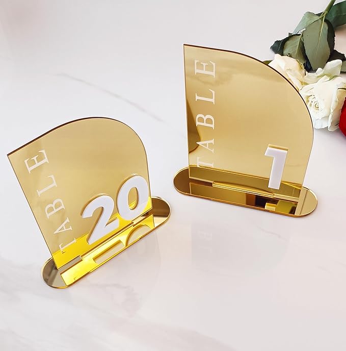 Acrylic Wedding Table Numbers,Semi-Arched Mirrored Acrylic Table Numbers for Any Party Occasion,Valentine's Day Party,Luxury Decoration(Number 1-20, Gold Mirror)