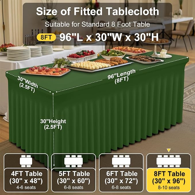 Smiry Spandex Tablecloth, Elastic Fitted Stretch Tablecloth for 8FT Rectangle Tables, Waterproof Washable Table Cover Skirt for Outdoor, Wedding, Banquet & Parties (Olive Green, 96Lx30Wx30H Inch)