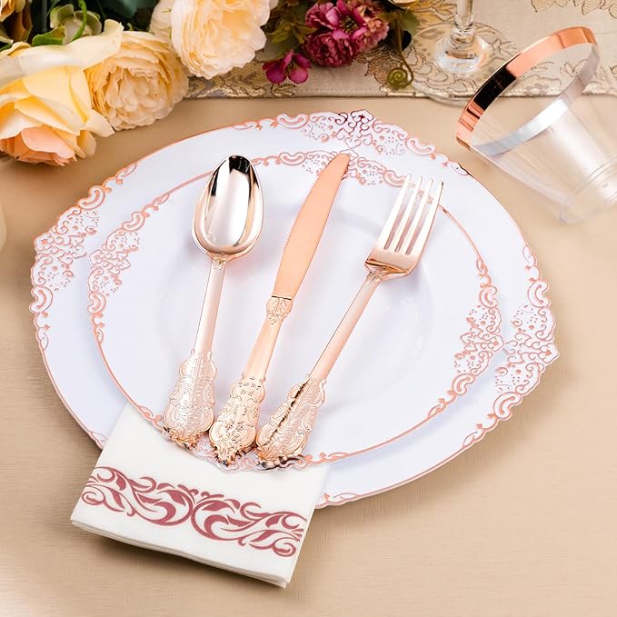 Bestluck 350PCS Rose Gold Plastic Plates for 50 Guests, Disposable Dinnerware Set Includes 100 Disposable Plates, 150 Rose Silverware, 50 Cups, 50 Napkins for Party, Wedding