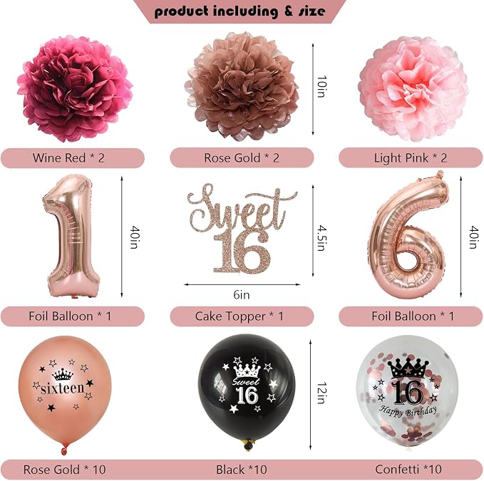 Sweet 16 Party Decorations, Happy 16th Birthday Decorations for Girls, Black Rose Gold Sweet Sixteen Decor Include Sash and Crown, Balloons, Banner, Backdrop, Cake Topper & 6pcs Paper Pom Poms