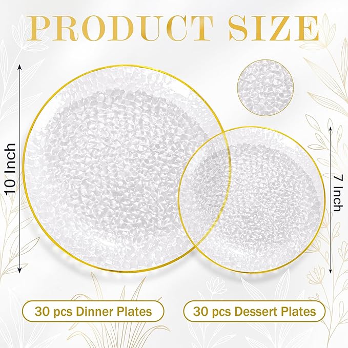 Rubtlamp 60Pcs Clear Plastic Plates,Clear Disposable Plates With Gold Rim,Heavy-duty Gold Plates,Hammered Party Plates Include 30Clear Dessert-Platos,30Dinner-Platos for Wedding, Party