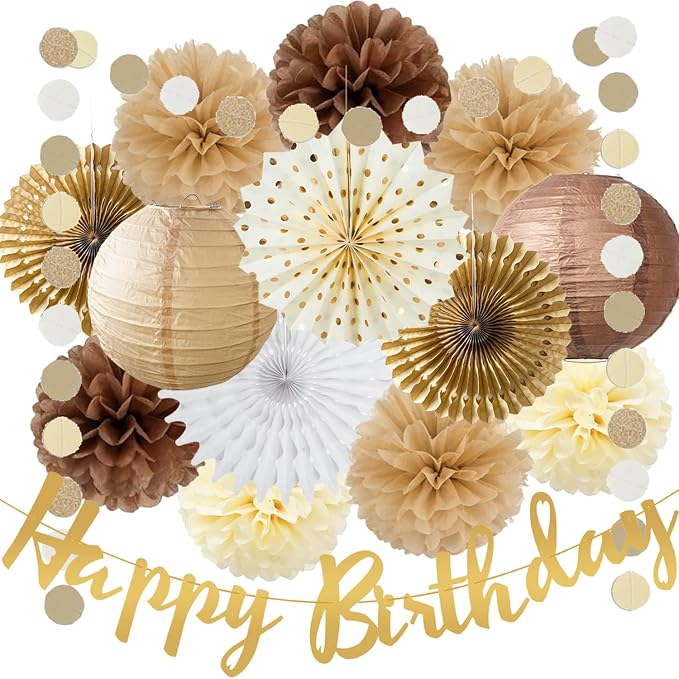 Brown Birthday Party Decorations White Brown Champagne Rustic Birthday Party Decoration Paper Pom Poms Flowers Hanging Paper Fans for Neutral Bear Baby Shower Boho Party Decoration