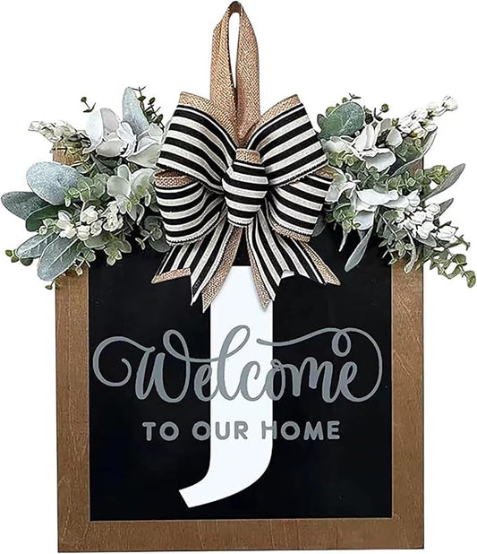 Last Name Year Round Front Door Wreath Front Porch Decoration 26 Letter Welcome Sign with Eucalyptus Garland and Bow Spring Wreaths for Front Door Outside Hanger Garland（J）