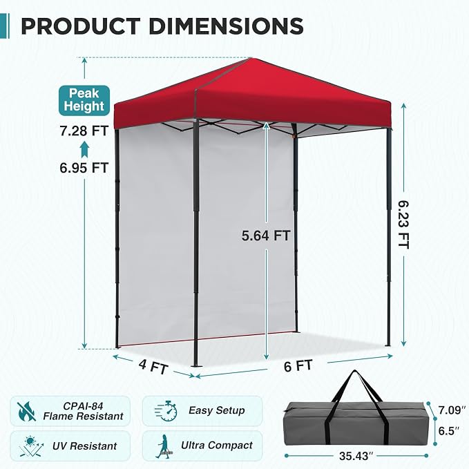 EAGLE PEAK 6x4 Instant Pop Up Canopy Tent with 1 Side Wall Panel, Straight Leg Sun Shelter, Portable Canopy with Carry Bag for Camping, Beach & Sports, Red