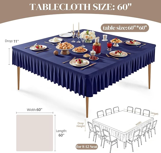 Wish Care Navy Blue Spandex Tablecloths for 60x60 Inch Square Tables, Stretch Fitted Table Clothes with Pleated Ruffle Skirt for 60” Table, Wrinkle Free and Elastic, for Party Kitchen Home Dining