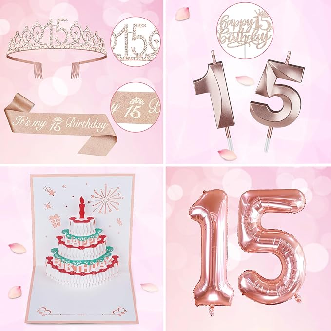 15th Birthday Decorations for Girls with 15th Birthday Crown and Sash, Cake Topper and Candles, Number Balloons, 3D Pop Up Greeting Card, 15 Year Old Gifts for Girls