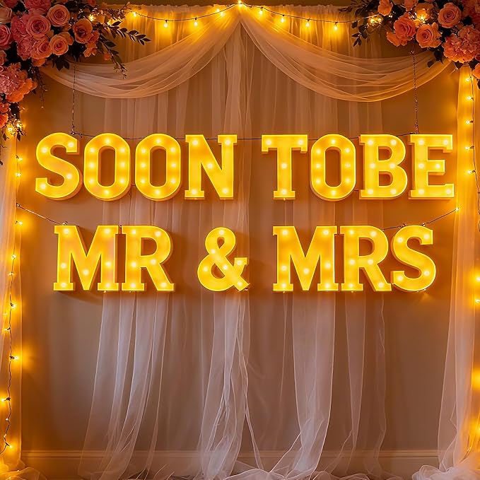 Honoson 14 Pcs Soon to Be Mr and Mrs Light Sign Wedding Party Decoration LED Neon Light up Sign Table Decoration for Wedding Engagement Bridal Shower Party