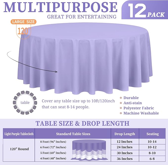 Showgeous 12 Pack Lavender Round Tablecloth 120 Inch Polyester Table Cloth for Tables - Washable Decorative Fabric Covers for Wedding, Party, Banquet