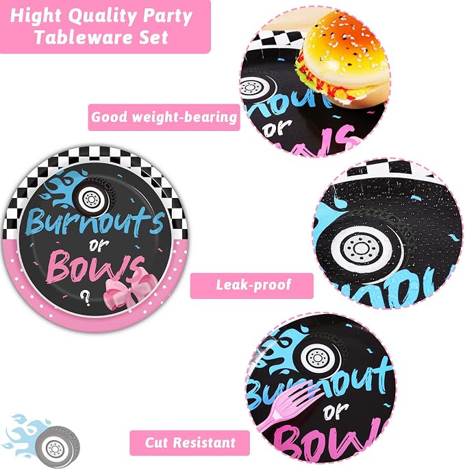 chiazllta 96 Pcs Gender Reveal Burnouts or Bows Party Plate and Napkins Supplies Disposable Tableware Decor Party Paper Plates Napkins for Party Favors 24 Guests