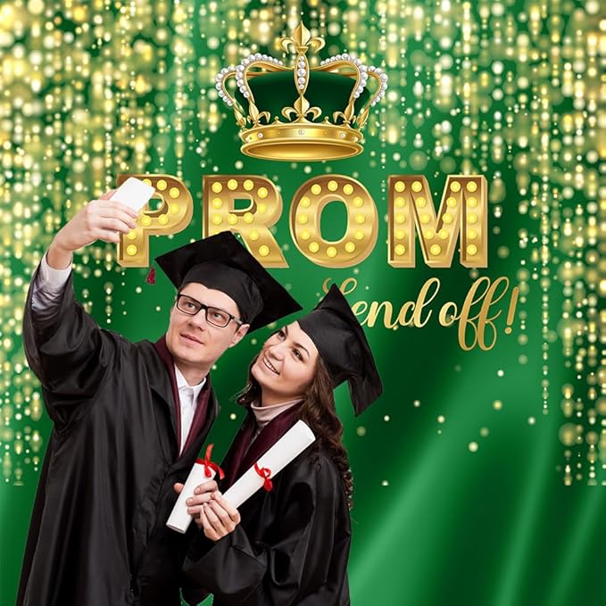 Prom Send Off Backdrop 10x10ft Green and Gold 2026 Graduation Photography Background Party Decorations Class of 2026 Congrats Grad Banner Photo Booth Props