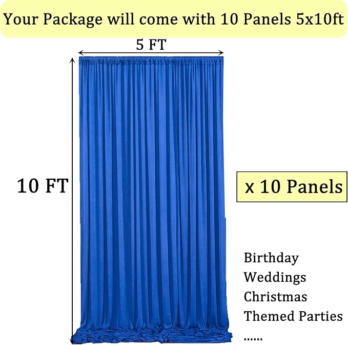 50ftx10ft Wrinkle Free Royal Blue Backdrop Curtains for Parties, 10 Panels 5x10ft Silky Polyester Photo Backdrop Drapes for Weddings Birthday Party Photography Background Curtains