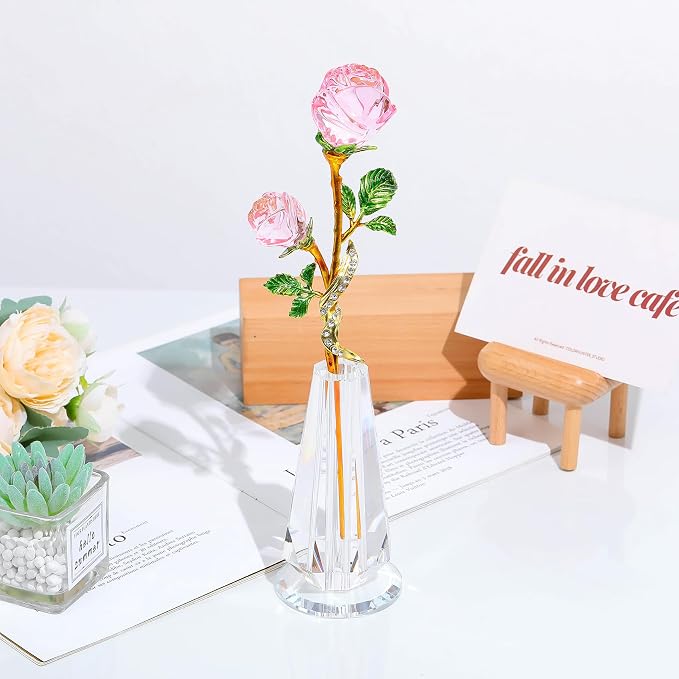 YWHL Handmade Pink Rose Flower Crystal Figurine with Vase, Bouquet Glass Flowers Ornament Rose Gifts for Women Mom Wife, Crystal Flower Home Decor for Anniversary Mother's Day Wedding
