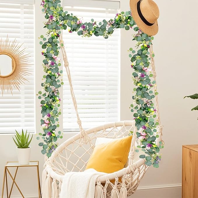 2PCS Artificial Daisy Garland with 3D Butterfly 5.68FT Fake Wildflower Garland Spring Flowers Garlands Greenery Eucalyptus Floral Vines for Home Table Mantle Wedding Backdrop Decor