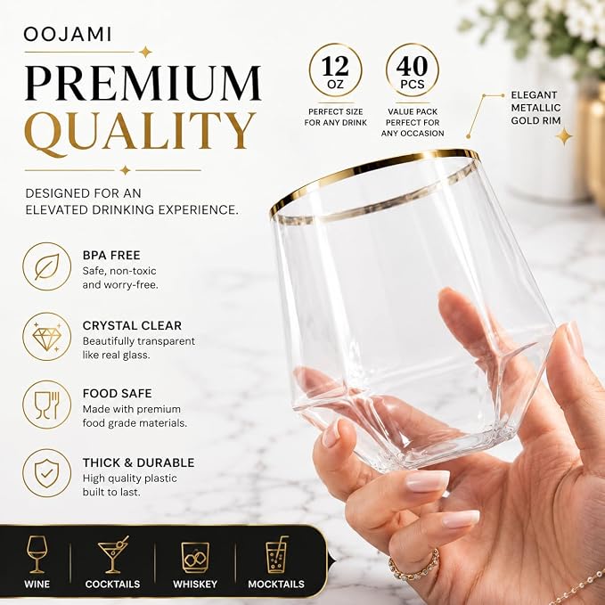 Oojami 40 count Diamond 12 Ounce Gold Rim Cups Unbreakable Stemless Plastic Wine Champagne Whiskey Glasses Elegant Durable Disposable Indoor Outdoor Ideal for Home, Office, Bars, Wedding (Gold)