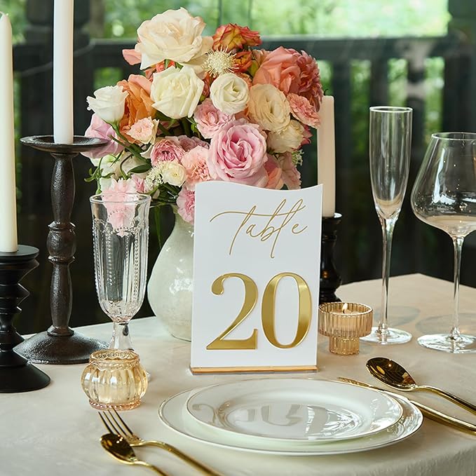 Gold Mirrored Acrylic Wedding Table Numbers Set, Self-Standing Modern Arched Signs for Reception Seating, Anniversary & Bridal Shower, Elegant Wedding Decor (5x7 Inches)