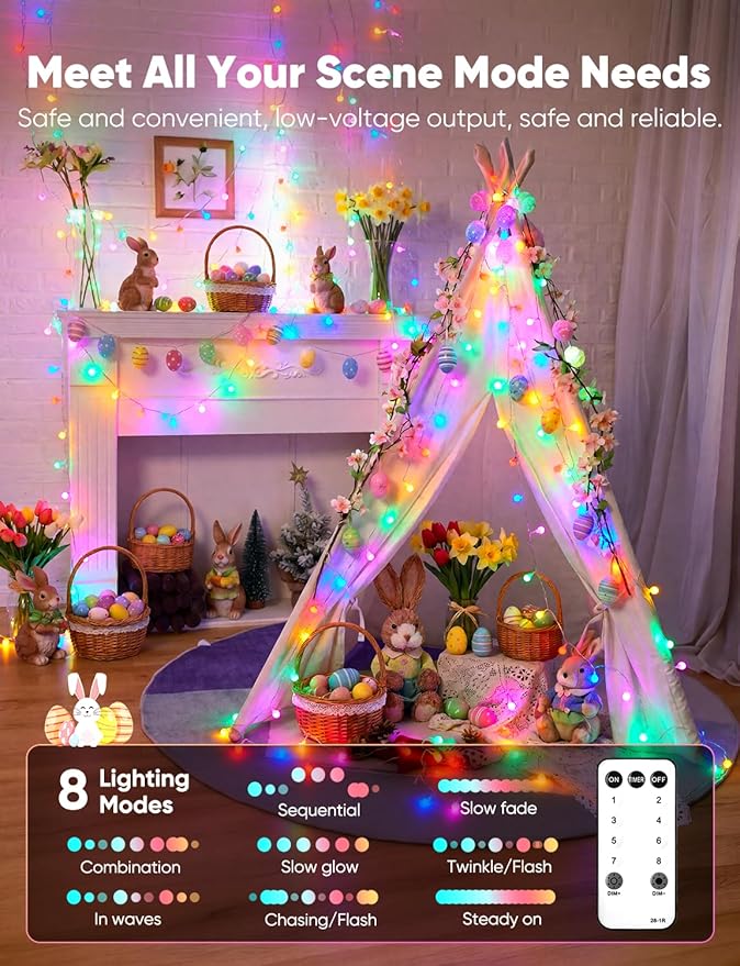 Minetom Globe String Lights, 33 Feet 100 Led Fairy Lights Plug in, 8 Modes with Remote Mini Globe Lights for Indoor Outdoor Bedroom Party Garden Christmas Tree Easter Decoration, Pink + Multicolor
