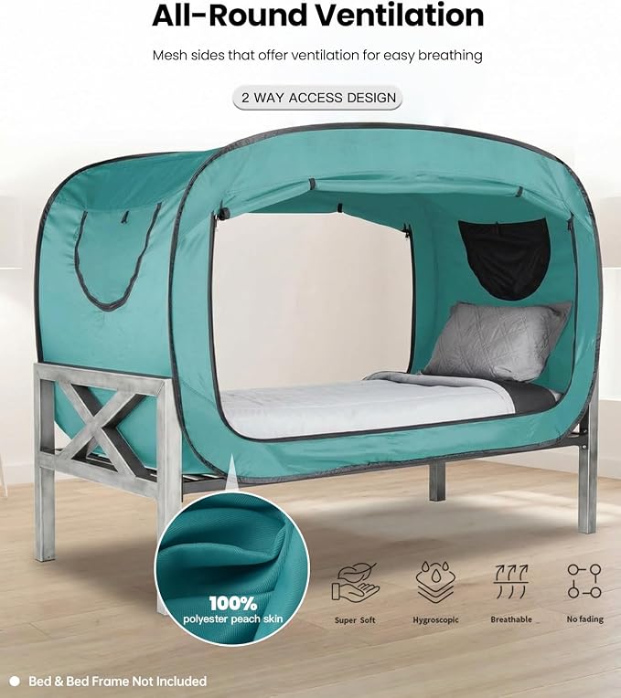 ANC POP Bed Tent Twin Bed Canopy Portable Dream Tent for Adult Indoor Sleeping Tents with 2 Doors Breathable Private Space Tents, Teal