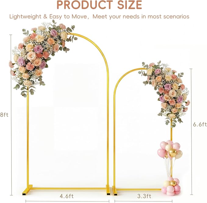 Toolterritary Metal Arch Backdrop Stand Set of 2, 8FT+ 6.6FT Balloon Arch Stand, Gold Wedding Arch Frame with Stable Base, Arch Backdrop for Party Birthday Baby Shower Graduation Decor
