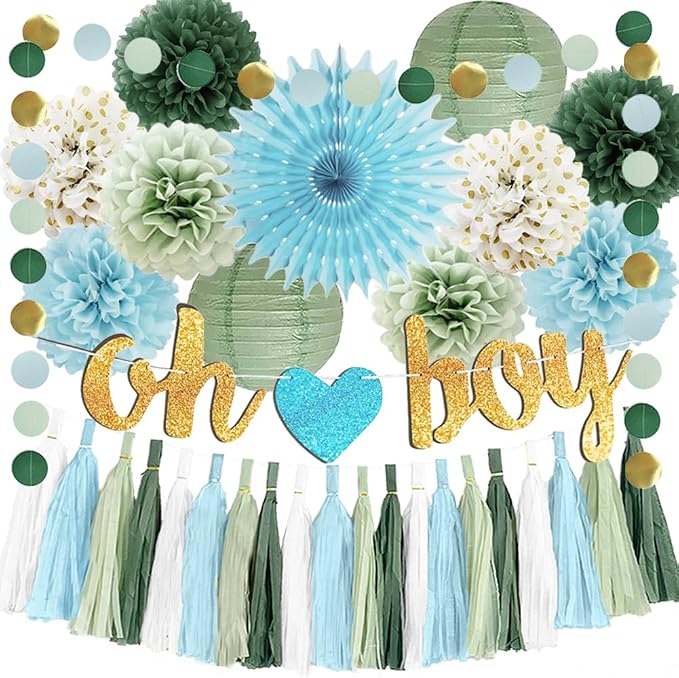 Sage Green and Blue Baby Shower Decorations Oh Boy Banner Sage Green Dusty Blue Tissue Paper Pom Poms Lanterns Paper Tassels Garland for Baby Boys Shower Party Decor