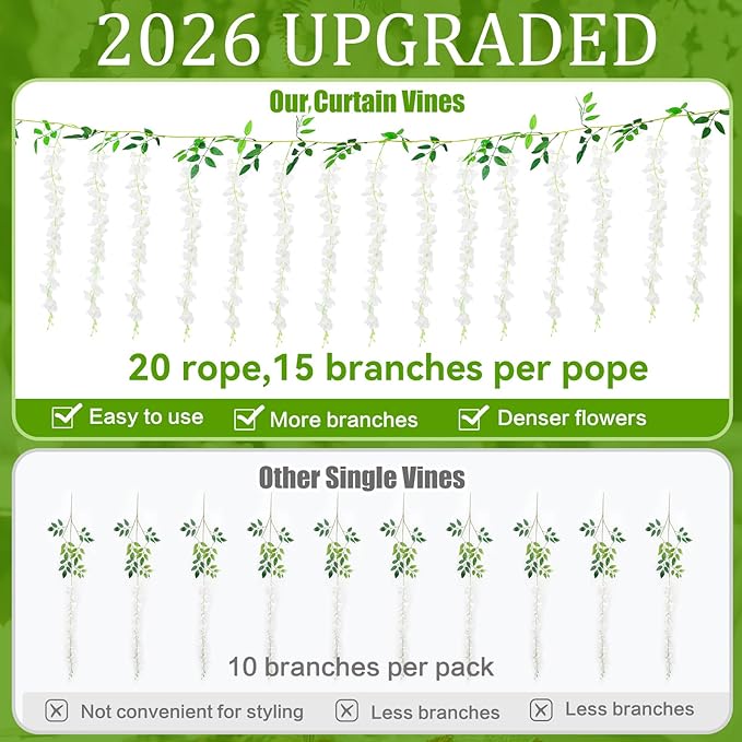 300 Branches Wisteria Hanging Flowers,20Pcs Total 120ft White Wisteria Artificial Flowers Garland Vine Silk Hanging Flowers for Wedding Party Arch Ceremony Garden Home Backdrop Decor