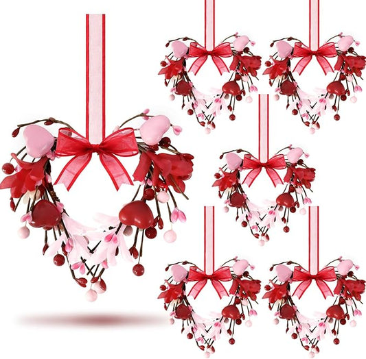6 PCS Mini Valentine Heart Shaped Wreaths for Cabinet Front Door Valentine Wreath Red Pink Heart and Berry Hanging Valentines Day Wreaths for Window Wedding Birthday Home Wall Porch Decoration