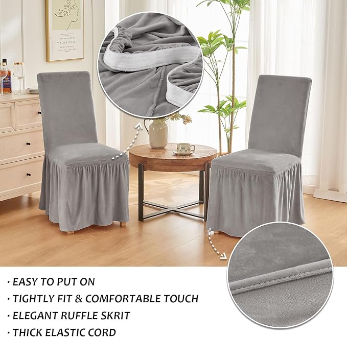 NICEEC Spandex Chair Covers for Dining Chairs Covers Set of 6 Removable Dining Room Chair Covers with Skirt Parson Chair Slipcovers Washable Chair Protector for Kitchen Wedding Party(Light Grey)