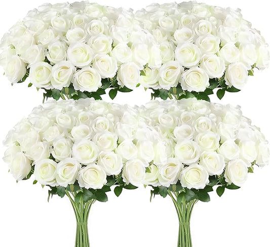 120 Pcs White Roses Artificial Flowers,Artificial Roses in Bulk,Fake Roses with Stems,DIY Wedding Bouquets,Wedding ornaments,Valentine's Day Party Decorations,A rose symbolizes love(white, 120 pcs)