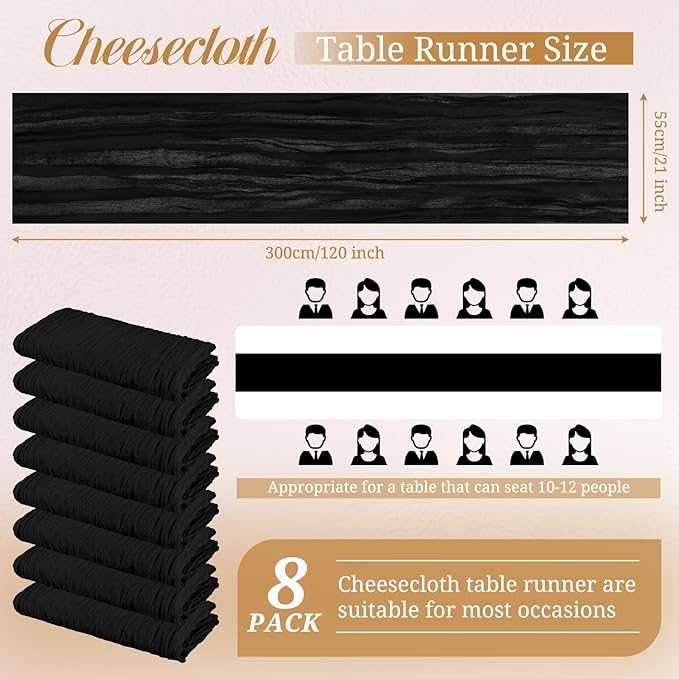 8 Pack Cheesecloth Table Runner, 10Ft Boho Gauze Table Runner 21×120 Inch Rustic Romantic Long Table Runner for Wedding Party Bridal Shower Thanksgiving Christmas Decoration (Black)