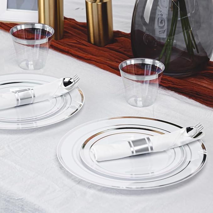 N9R 350PCS Silver Plastic Dinnerware Set for 50 Guests, Gold Disposable Plates for Party, Include:100 Plastic Plates, 50 Pre Rolled Napkins with Silverware and 50 Cups