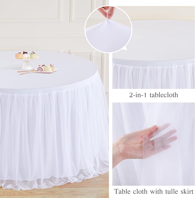 White Round Tablecloth 72 inch Stretchy Elastic Fitted Round Table Cloth Round Cover 132 inch, White Round Tulle Table Cloth with Skirt Wedding Birthday Party Cake Banquet Tables Decoration