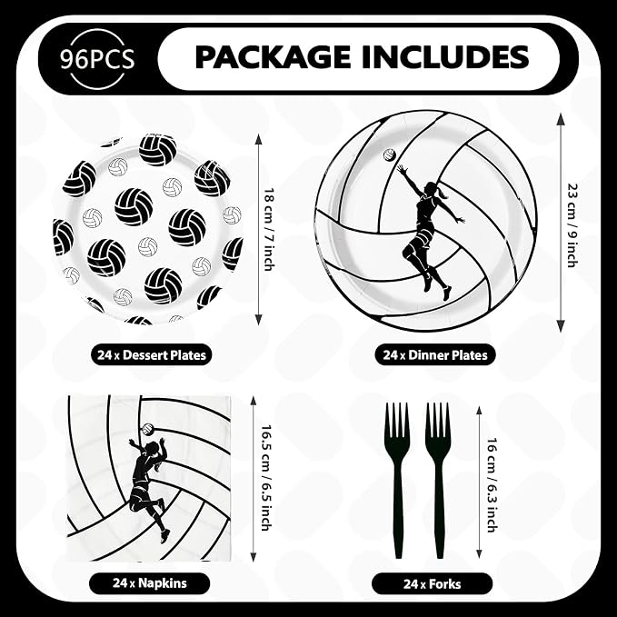 Grencian 96Pcs Volleyball Party Decorations Volleyball Paper Plates and Napkins Sports Theme Disposable Tableware for Girls Birthday Party Supplies Serves 24